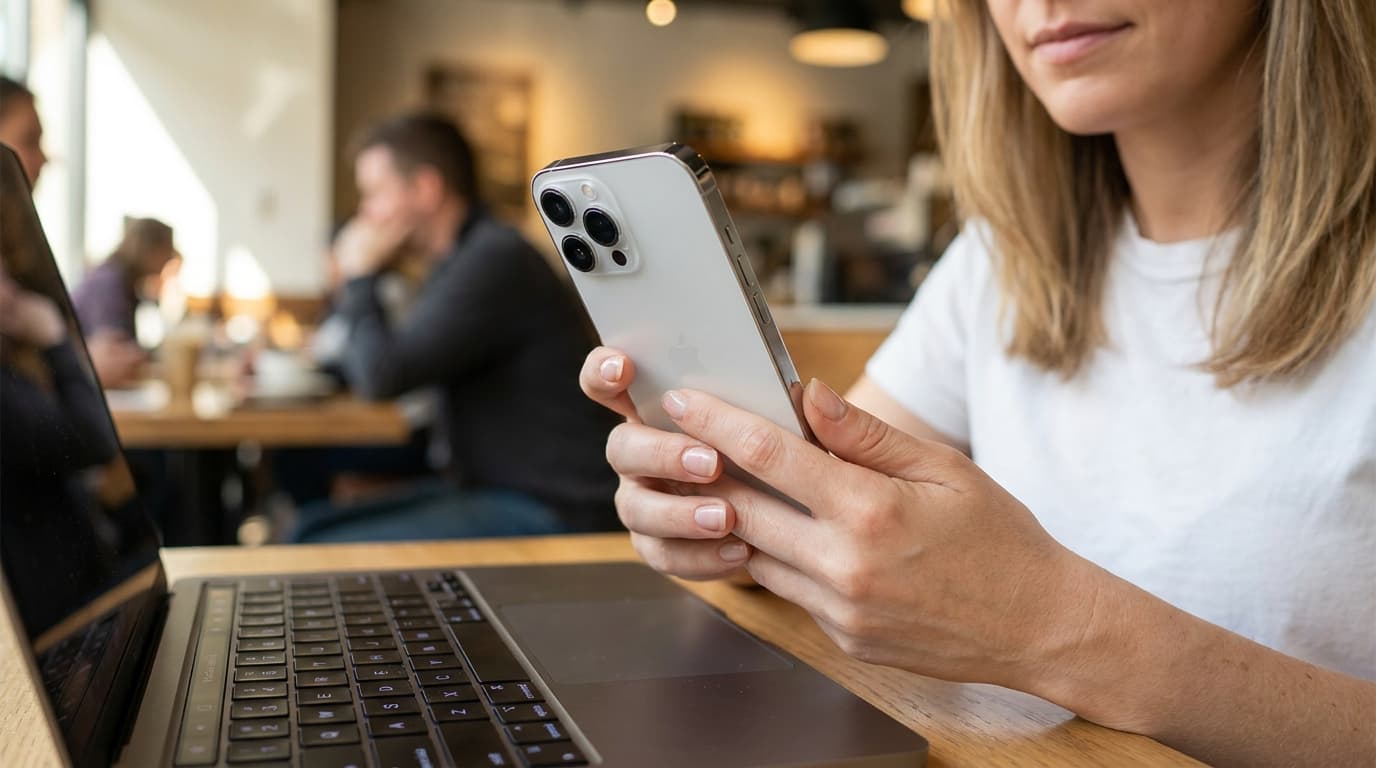Женщина держит белый iPhone рядом с ноутбуком