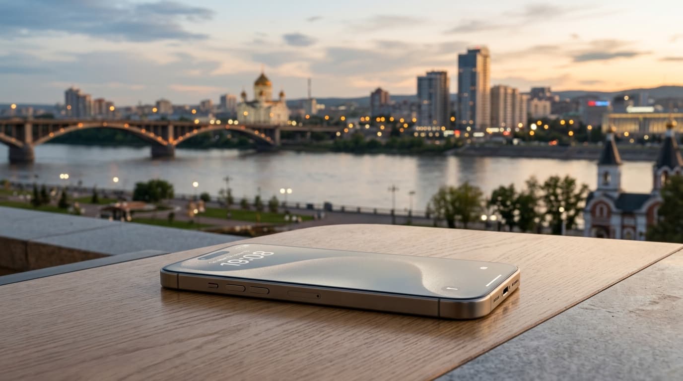 iPhone на фоне вечернего Красноярска и Енисея