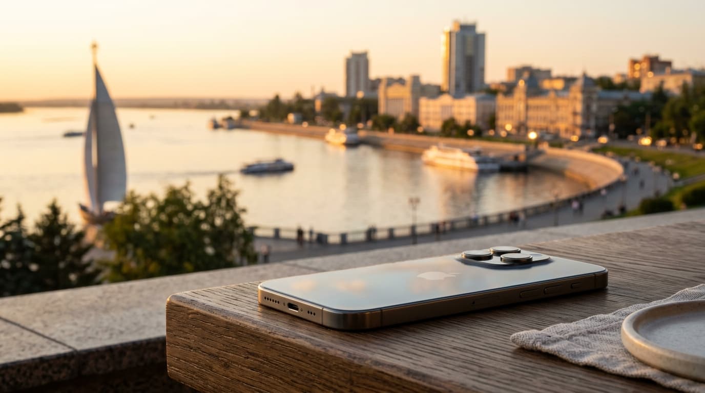 iPhone на фоне набережной Самары на закате