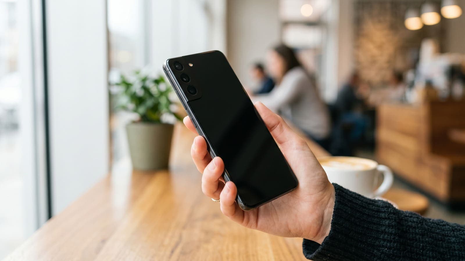 Смартфон Samsung Galaxy в руке в кафе