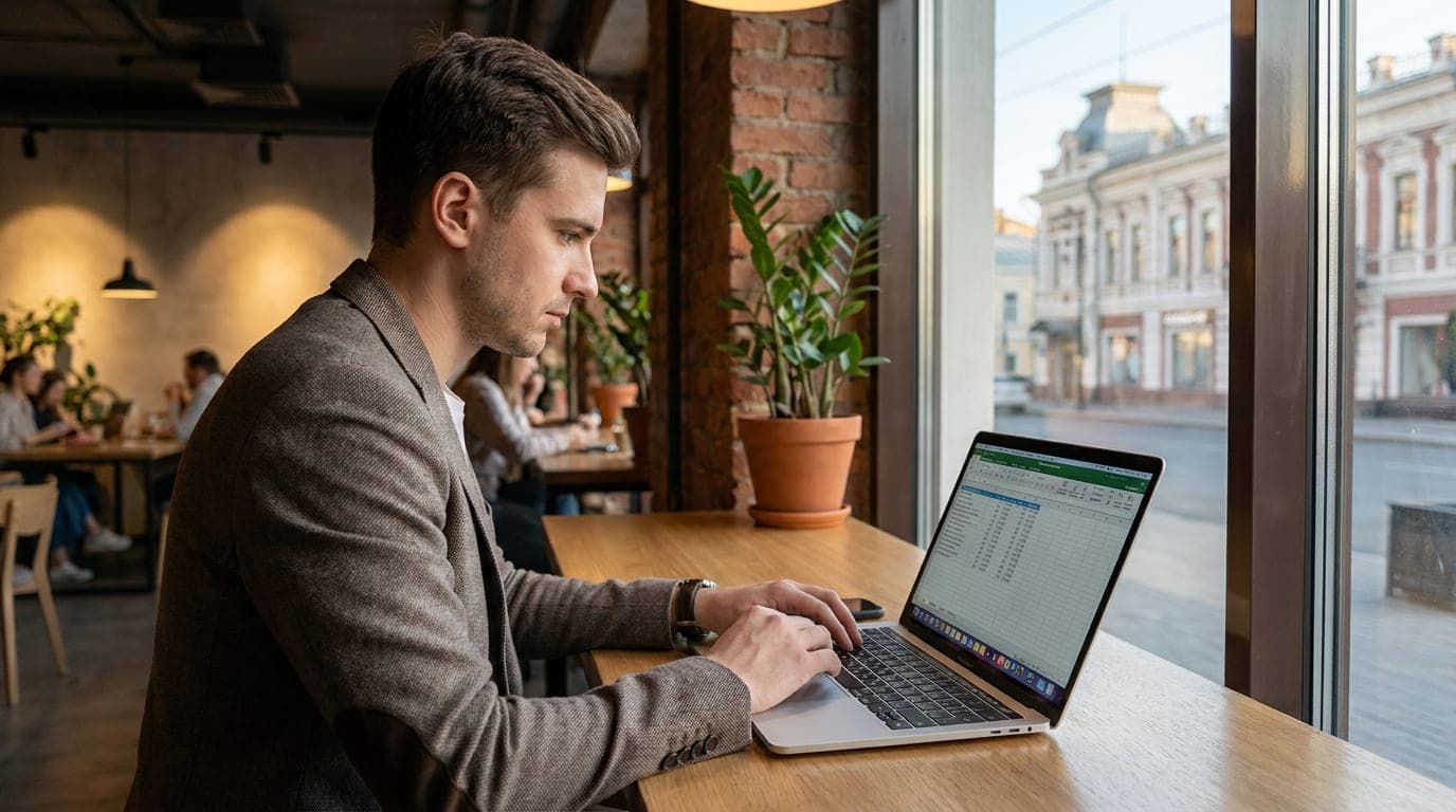 Мужчина работает за MacBook в кафе