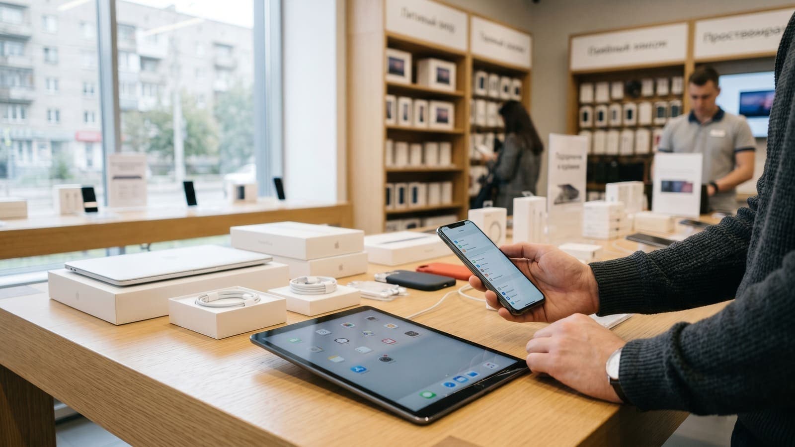 Покупатель сравнивает технику Apple в магазине Техносила в Красноярске