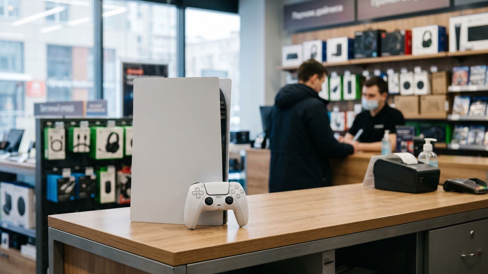 PlayStation 5 и контроллер на витрине магазина в Красноярске