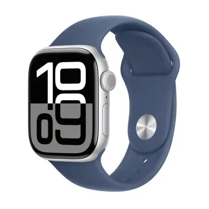 Apple Watch Series 10, 46 мм корпус из алюминия цвета «Silver», ремешок Sport Band размера S/M цвета «Denim»